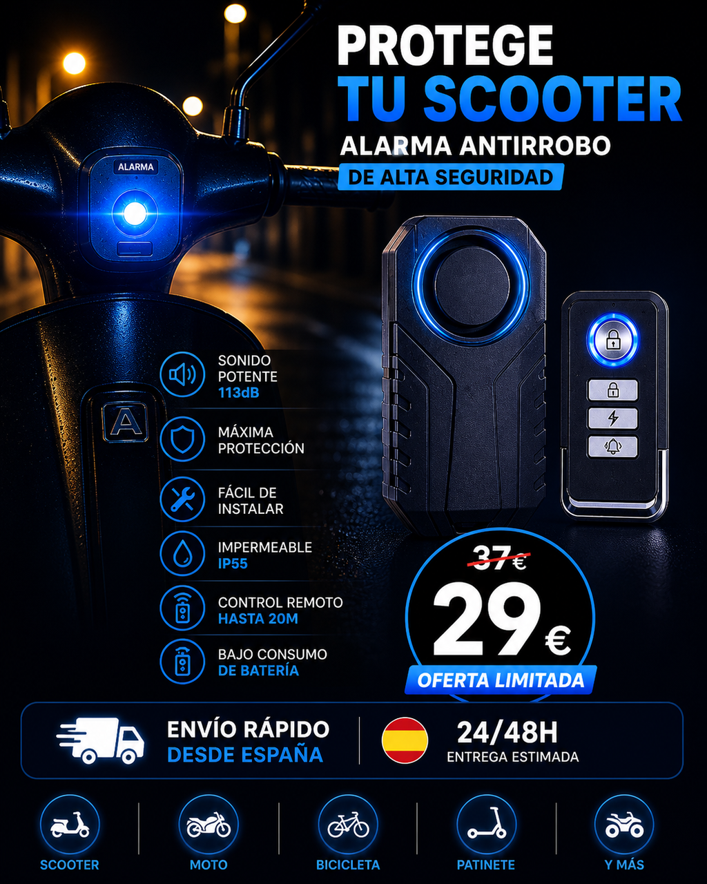 Alarma Antirrobo Moto con mando 113dB Impermeable