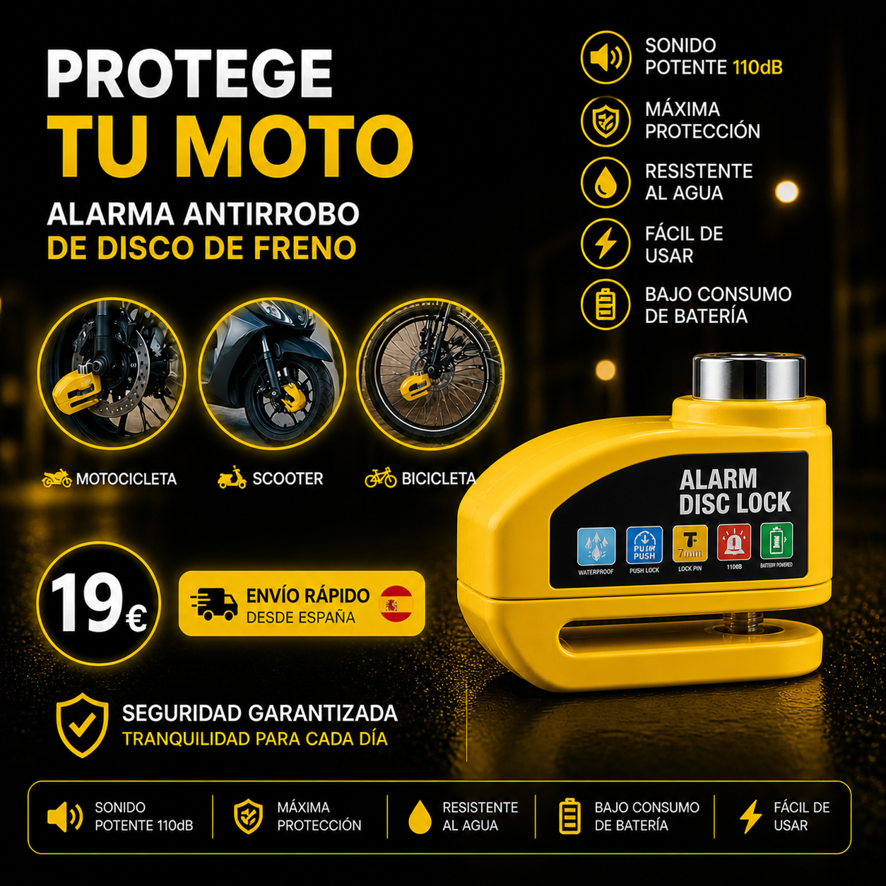 alarma para motocicleta freno de disco de rueda con llave